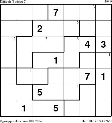 The grouppuzzles.com Difficult Sudoku-7 puzzle for Tuesday October 1, 2024 with the first 3 steps marked