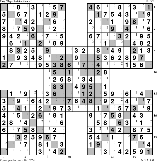 The grouppuzzles.com Easy HyperSudoku-Xtreme puzzle for Tuesday October 1, 2024 with all 3 steps marked