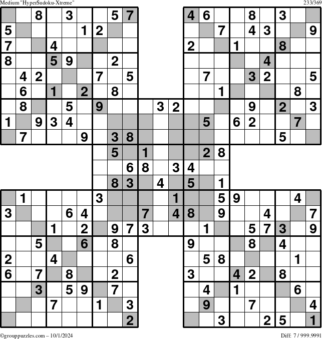 The grouppuzzles.com Medium HyperSudoku-Xtreme puzzle for Tuesday October 1, 2024