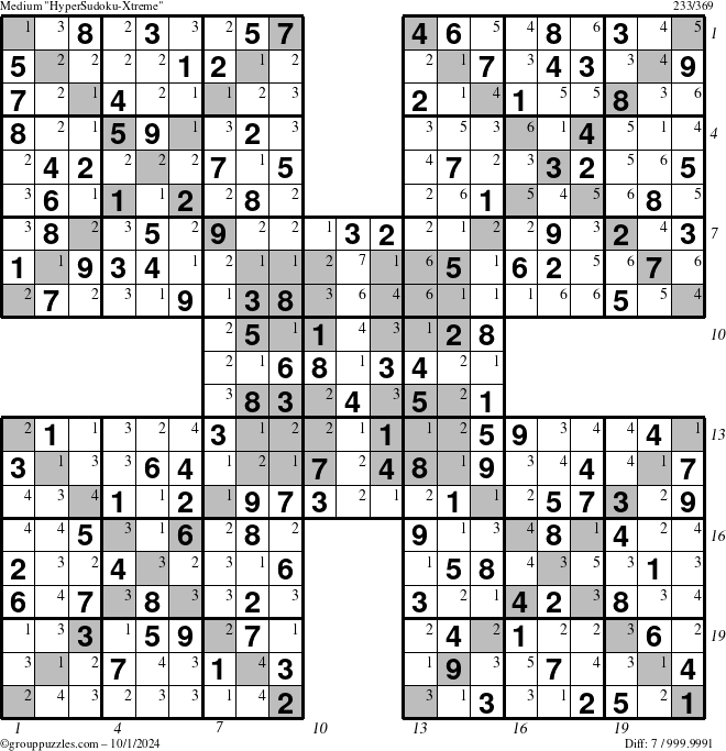 The grouppuzzles.com Medium HyperSudoku-Xtreme puzzle for Tuesday October 1, 2024, suitable for printing, with all 7 steps marked