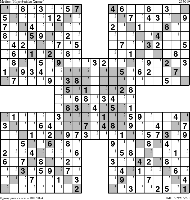 The grouppuzzles.com Medium HyperSudoku-Xtreme puzzle for Tuesday October 1, 2024 with the first 3 steps marked