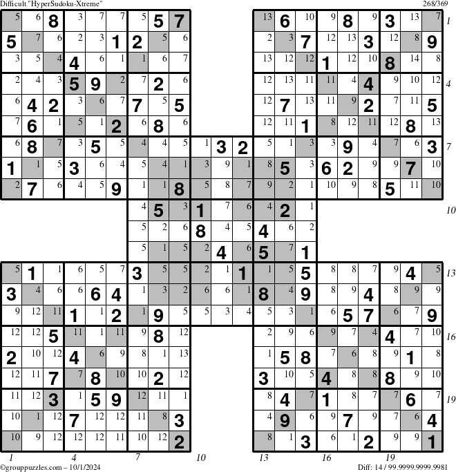 The grouppuzzles.com Difficult HyperSudoku-Xtreme puzzle for Tuesday October 1, 2024 with all 14 steps marked