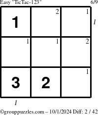 The grouppuzzles.com Easy TicTac-123 puzzle for Tuesday October 1, 2024 with all 2 steps marked