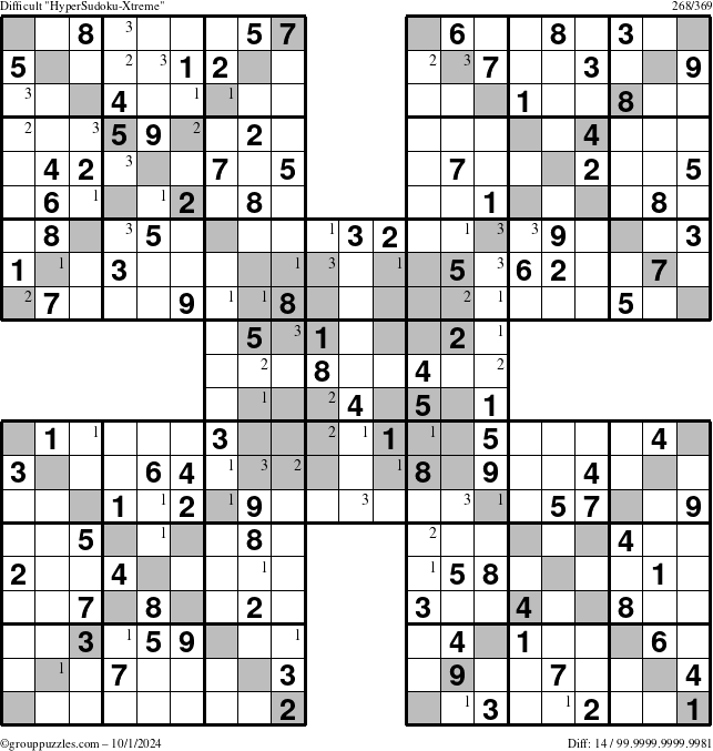 The grouppuzzles.com Difficult HyperSudoku-Xtreme puzzle for Tuesday October 1, 2024 with the first 3 steps marked