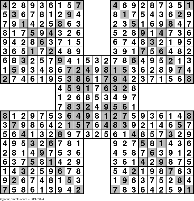 The grouppuzzles.com Answer grid for the HyperSudoku-Xtreme puzzle for Tuesday October 1, 2024