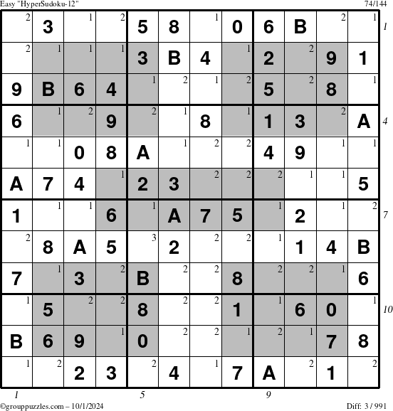 The grouppuzzles.com Easy HyperSudoku-12 puzzle for Tuesday October 1, 2024 with all 3 steps marked