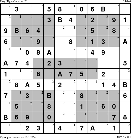 The grouppuzzles.com Easy HyperSudoku-12 puzzle for Tuesday October 1, 2024 with the first 3 steps marked