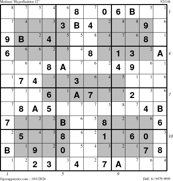 The grouppuzzles.com Medium HyperSudoku-12 puzzle for Tuesday October 1, 2024, suitable for printing, with all 8 steps marked