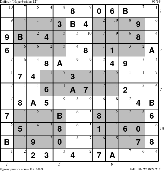 The grouppuzzles.com Difficult HyperSudoku-12 puzzle for Tuesday October 1, 2024, suitable for printing, with all 10 steps marked