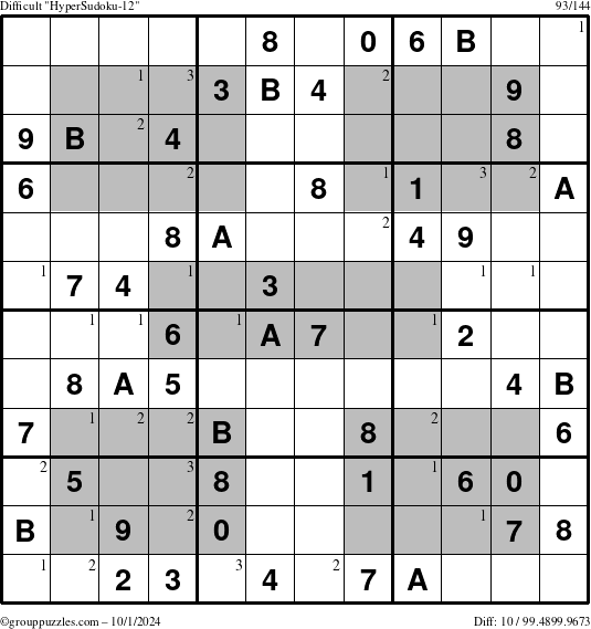 The grouppuzzles.com Difficult HyperSudoku-12 puzzle for Tuesday October 1, 2024 with the first 3 steps marked