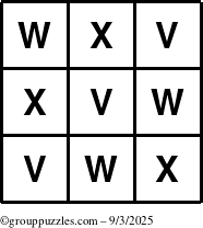 The grouppuzzles.com Answer grid for the TicTac-VWX puzzle for Wednesday September 3, 2025