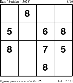 The grouppuzzles.com Easy Sudoku-4-5678 puzzle for Wednesday September 3, 2025