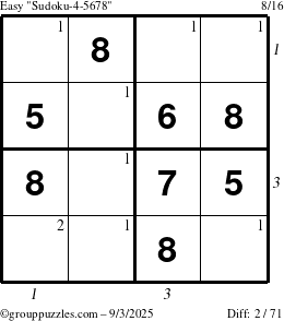 The grouppuzzles.com Easy Sudoku-4-5678 puzzle for Wednesday September 3, 2025 with all 2 steps marked
