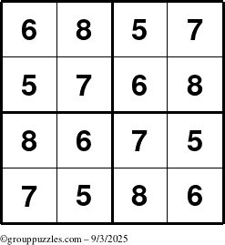 The grouppuzzles.com Answer grid for the Sudoku-4-5678 puzzle for Wednesday September 3, 2025