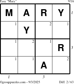The grouppuzzles.com Easy Mary puzzle for Wednesday September 3, 2025 with all 2 steps marked