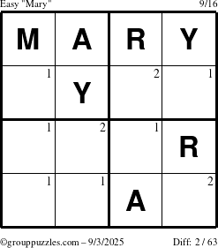 The grouppuzzles.com Easy Mary puzzle for Wednesday September 3, 2025 with the first 2 steps marked
