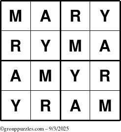 The grouppuzzles.com Answer grid for the Mary puzzle for Wednesday September 3, 2025