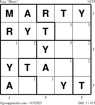 The grouppuzzles.com Easy Marty puzzle for Wednesday September 3, 2025 with all 3 steps marked