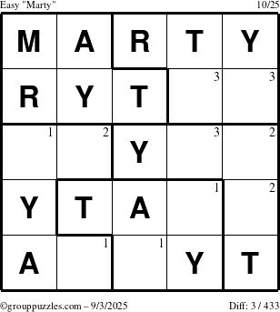 The grouppuzzles.com Easy Marty puzzle for Wednesday September 3, 2025 with the first 3 steps marked