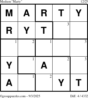 The grouppuzzles.com Medium Marty puzzle for Wednesday September 3, 2025 with the first 3 steps marked