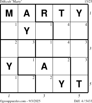 The grouppuzzles.com Difficult Marty puzzle for Wednesday September 3, 2025 with all 4 steps marked
