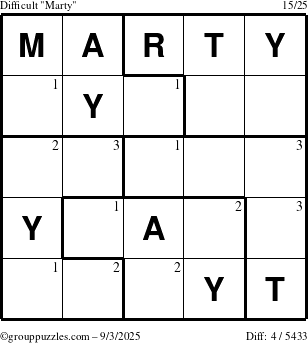 The grouppuzzles.com Difficult Marty puzzle for Wednesday September 3, 2025 with the first 3 steps marked