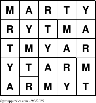The grouppuzzles.com Answer grid for the Marty puzzle for Wednesday September 3, 2025