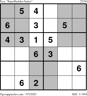 The grouppuzzles.com Easy SuperSudoku-Junior puzzle for Wednesday September 3, 2025