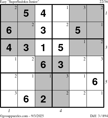 The grouppuzzles.com Easy SuperSudoku-Junior puzzle for Wednesday September 3, 2025 with all 3 steps marked