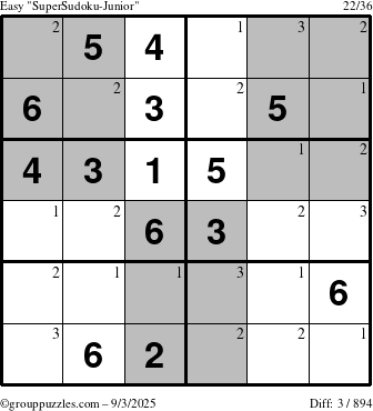 The grouppuzzles.com Easy SuperSudoku-Junior puzzle for Wednesday September 3, 2025 with the first 3 steps marked