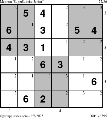 The grouppuzzles.com Medium SuperSudoku-Junior puzzle for Wednesday September 3, 2025 with all 3 steps marked