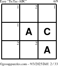 The grouppuzzles.com Easy TicTac-ABC puzzle for Wednesday September 3, 2025 with the first 2 steps marked
