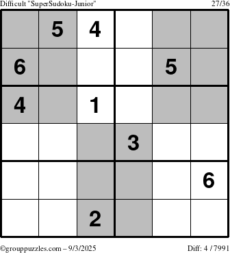 The grouppuzzles.com Difficult SuperSudoku-Junior puzzle for Wednesday September 3, 2025