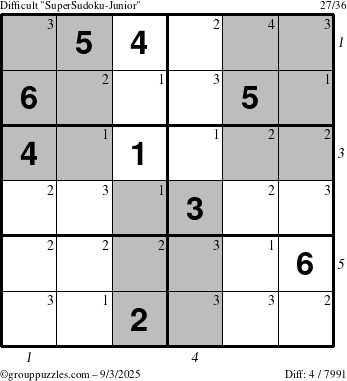 The grouppuzzles.com Difficult SuperSudoku-Junior puzzle for Wednesday September 3, 2025 with all 4 steps marked
