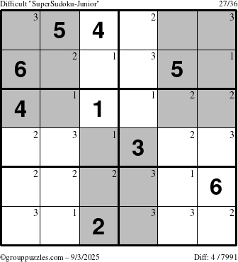 The grouppuzzles.com Difficult SuperSudoku-Junior puzzle for Wednesday September 3, 2025 with the first 3 steps marked