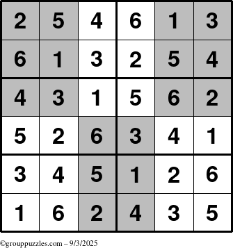The grouppuzzles.com Answer grid for the SuperSudoku-Junior puzzle for Wednesday September 3, 2025