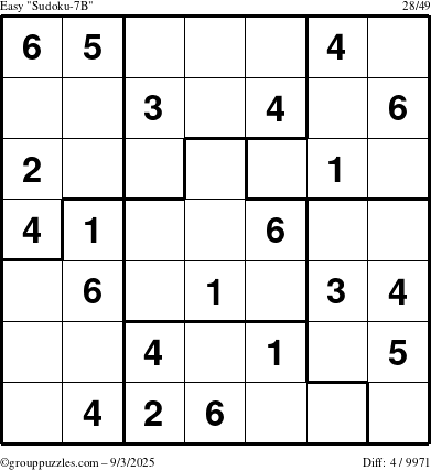 The grouppuzzles.com Easy Sudoku-7B puzzle for Wednesday September 3, 2025