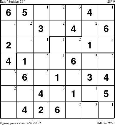 The grouppuzzles.com Easy Sudoku-7B puzzle for Wednesday September 3, 2025 with the first 3 steps marked