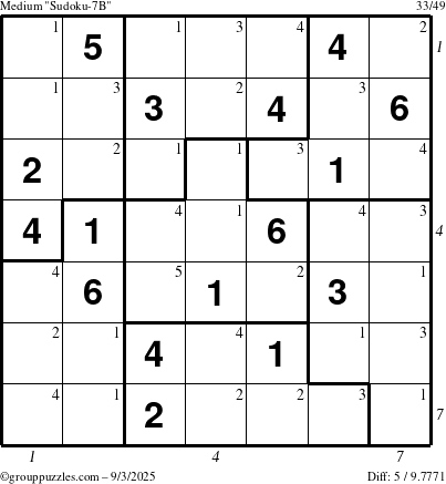 The grouppuzzles.com Medium Sudoku-7B puzzle for Wednesday September 3, 2025 with all 5 steps marked