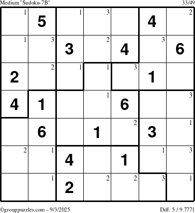 The grouppuzzles.com Medium Sudoku-7B puzzle for Wednesday September 3, 2025 with the first 3 steps marked