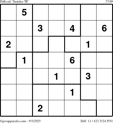 The grouppuzzles.com Difficult Sudoku-7B puzzle for Wednesday September 3, 2025