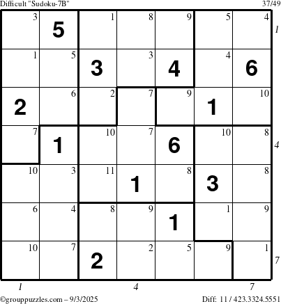 The grouppuzzles.com Difficult Sudoku-7B puzzle for Wednesday September 3, 2025 with all 11 steps marked