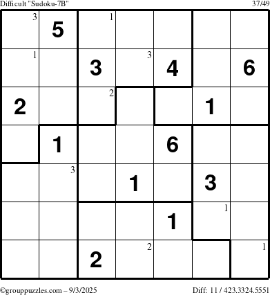 The grouppuzzles.com Difficult Sudoku-7B puzzle for Wednesday September 3, 2025 with the first 3 steps marked
