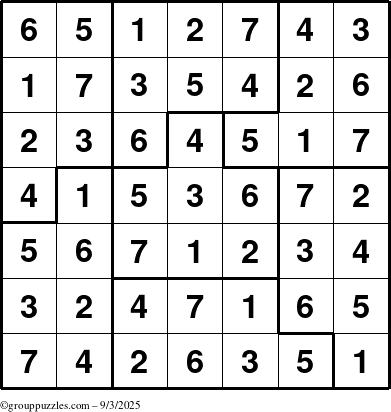 The grouppuzzles.com Answer grid for the Sudoku-7B puzzle for Wednesday September 3, 2025