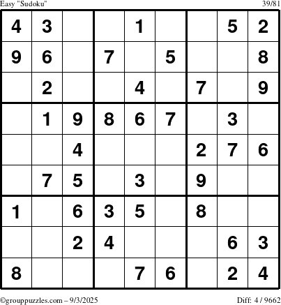 The grouppuzzles.com Easy Sudoku puzzle for Wednesday September 3, 2025