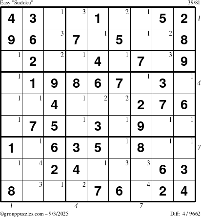 The grouppuzzles.com Easy Sudoku puzzle for Wednesday September 3, 2025 with all 4 steps marked