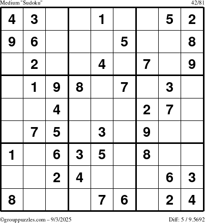 The grouppuzzles.com Medium Sudoku puzzle for Wednesday September 3, 2025
