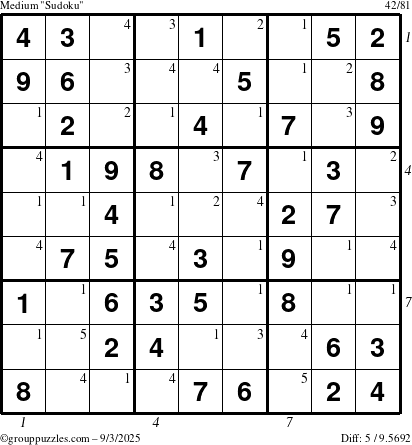 The grouppuzzles.com Medium Sudoku puzzle for Wednesday September 3, 2025 with all 5 steps marked