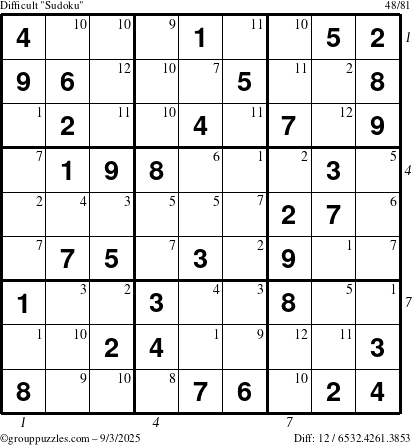 The grouppuzzles.com Difficult Sudoku puzzle for Wednesday September 3, 2025 with all 12 steps marked