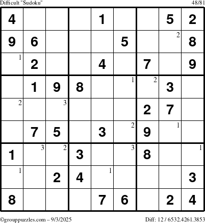 The grouppuzzles.com Difficult Sudoku puzzle for Wednesday September 3, 2025 with the first 3 steps marked